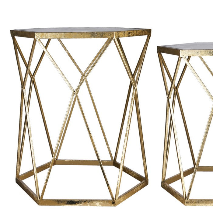 Metal Table with Hexagonal Marble Top and Diamond Design , Set of 2, Gold