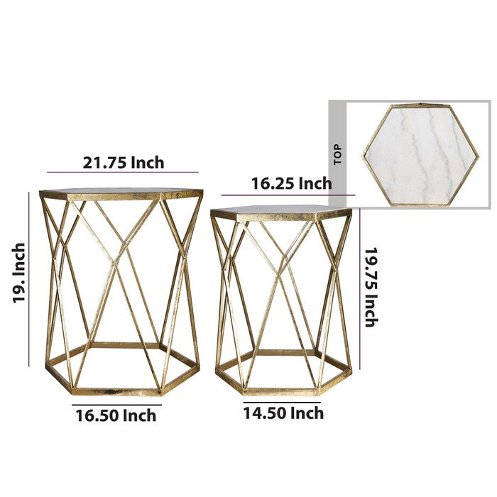 Metal Table with Hexagonal Marble Top and Diamond Design , Set of 2, Gold
