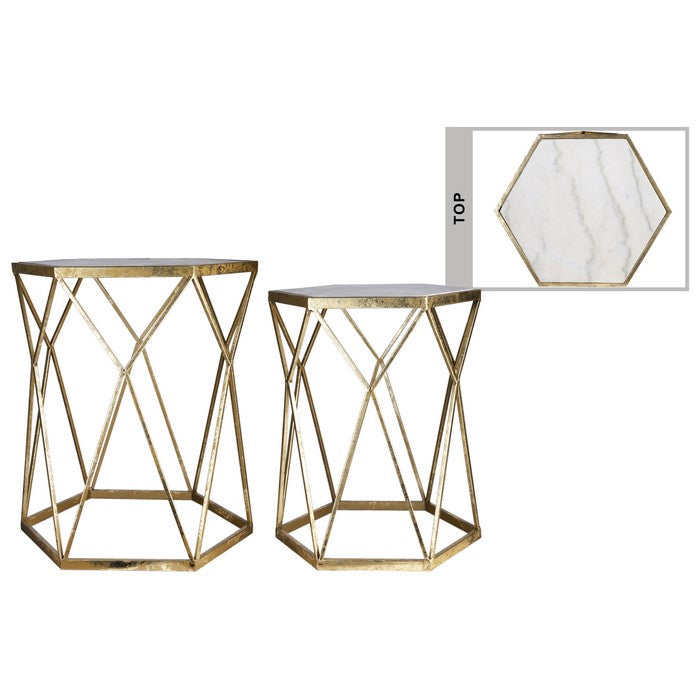 Metal Table with Hexagonal Marble Top and Diamond Design , Set of 2, Gold