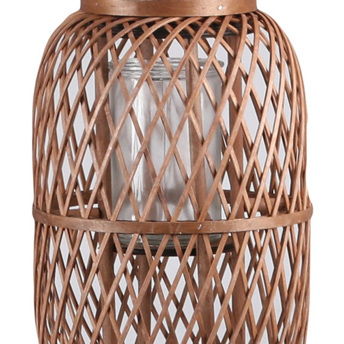 16.25 Inch Bellied Shape Lantern with Jute Handle and Lattice Design, Brown