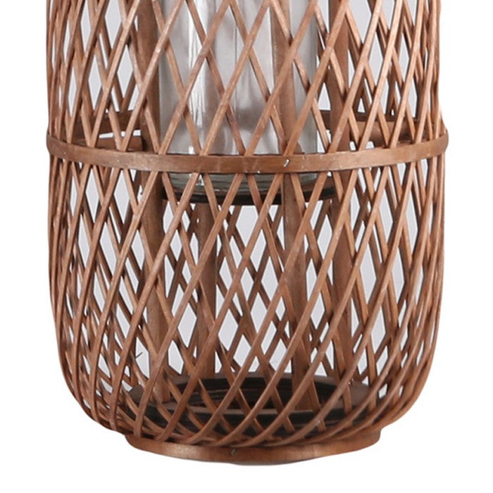 16.25 Inch Bellied Shape Lantern with Jute Handle and Lattice Design, Brown