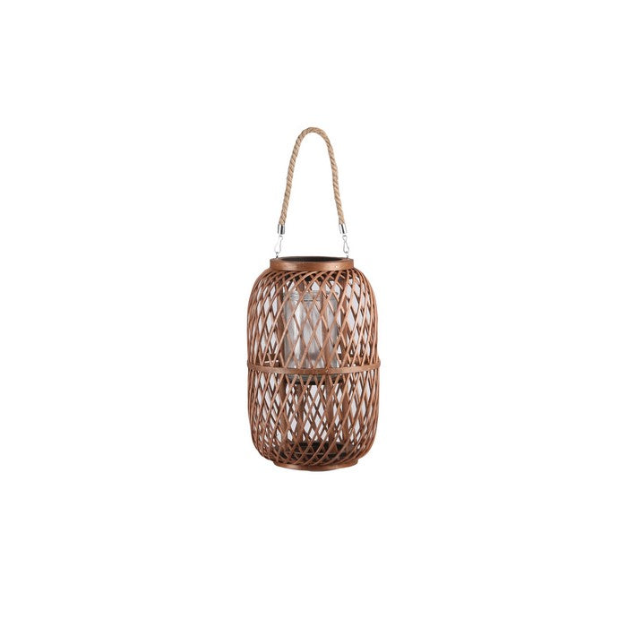 16.25 Inch Bellied Shape Lantern with Jute Handle and Lattice Design, Brown