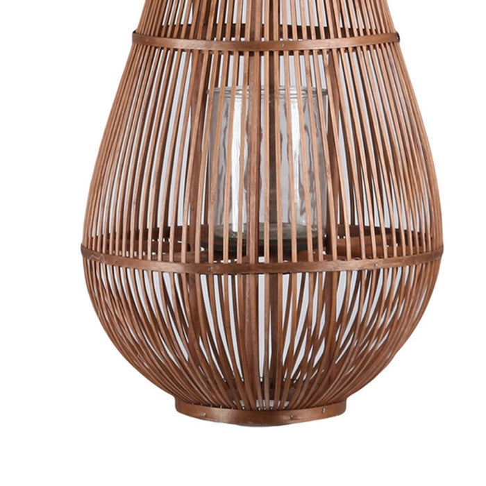 Bellied Shape Lantern with Glass Hurricane and Lattice Design,Large,Brown