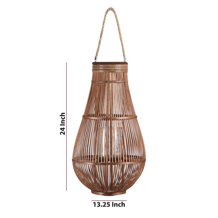 Bellied Shape Lantern with Glass Hurricane and Lattice Design,Large,Brown