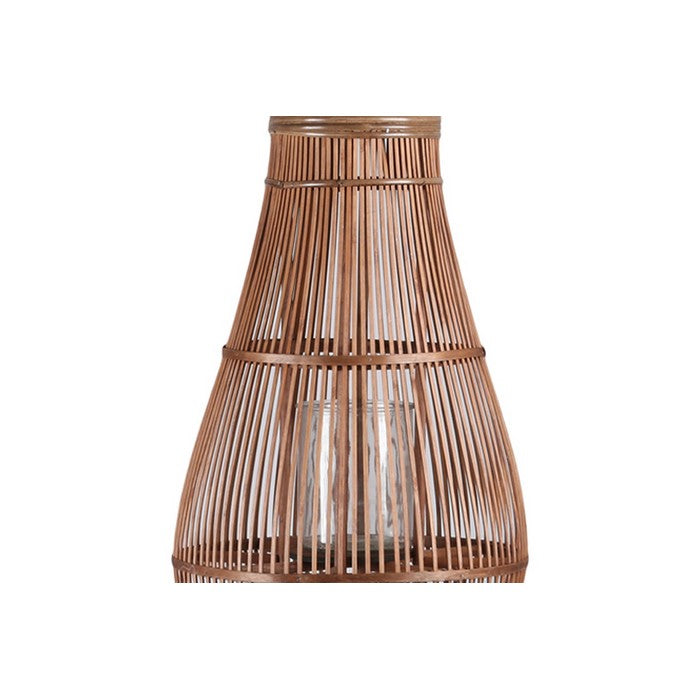 Bellied Shape Lantern with Glass Hurricane and Lattice Design,Medium,Brown