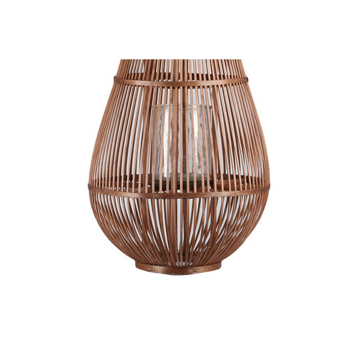 Bellied Shape Lantern with Glass Hurricane and Lattice Design,Medium,Brown