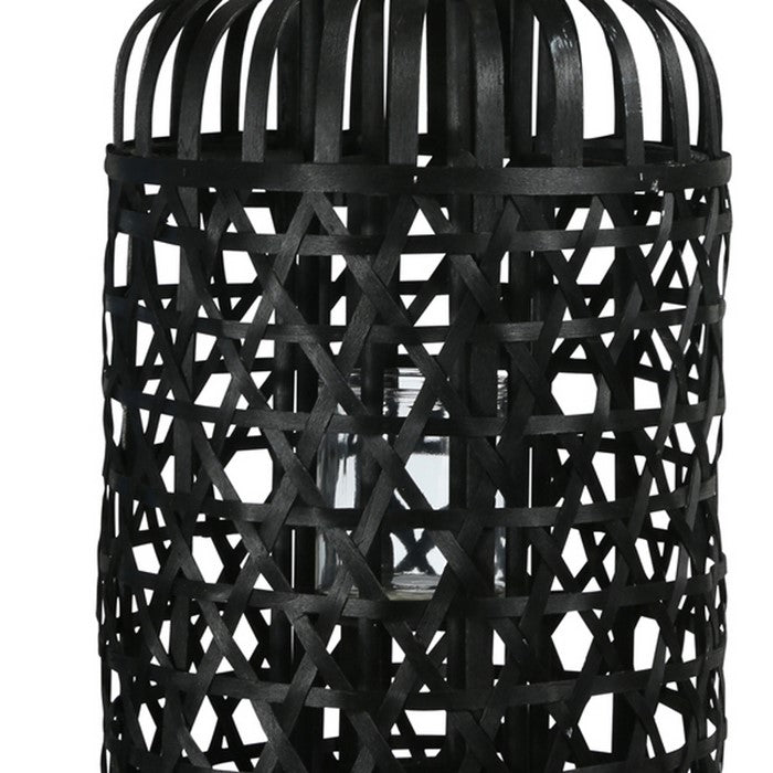 23.25 Inches Octagonal Weave Design Bellied Lantern with Hanger, Black