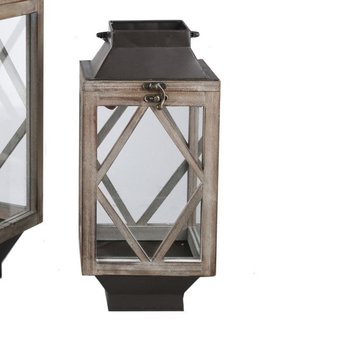Wood and Metal Lantern with Diamond Body Design, Brown and Black, Set of 2