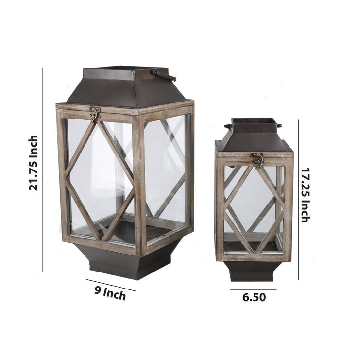 Wood and Metal Lantern with Diamond Body Design, Brown and Black, Set of 2