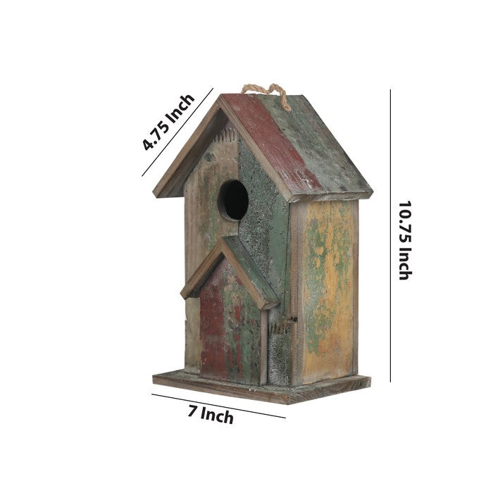 Wooden Bird House with Rope Hanger, Multicolor