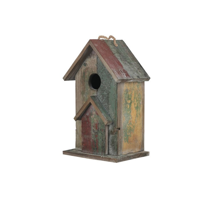 Wooden Bird House with Rope Hanger, Multicolor