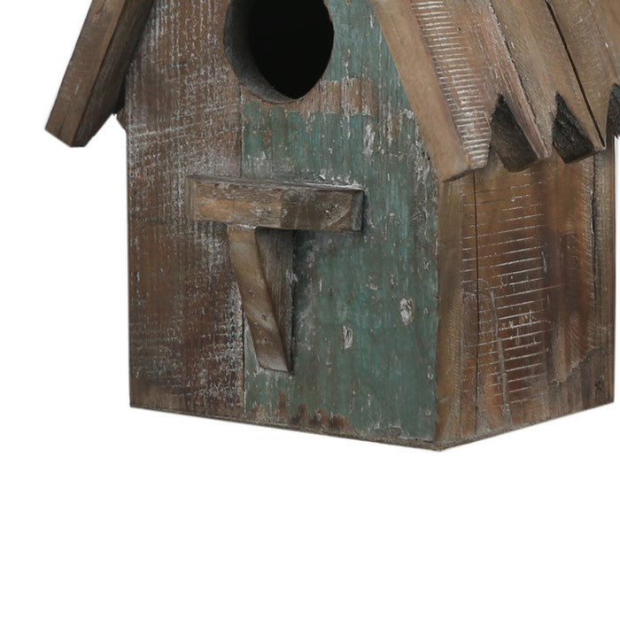 Wooden Bird House with Saw tooth Edge Design on Roof, Brown