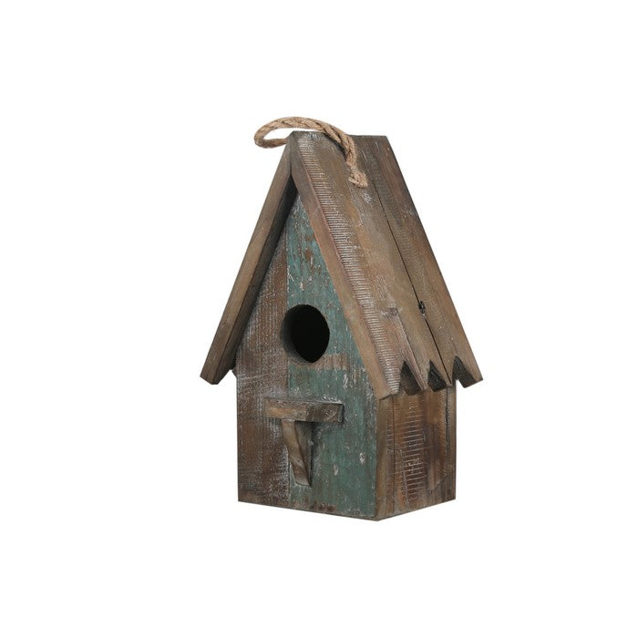 Wooden Bird House with Saw tooth Edge Design on Roof, Brown