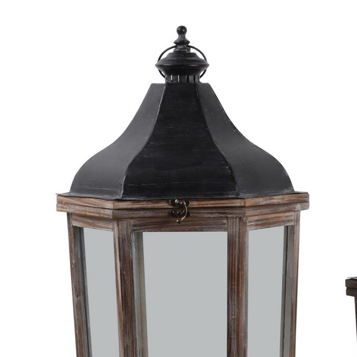Wood and Metal Lanterns with Ring Handle, Brown and Black, Set of 2
