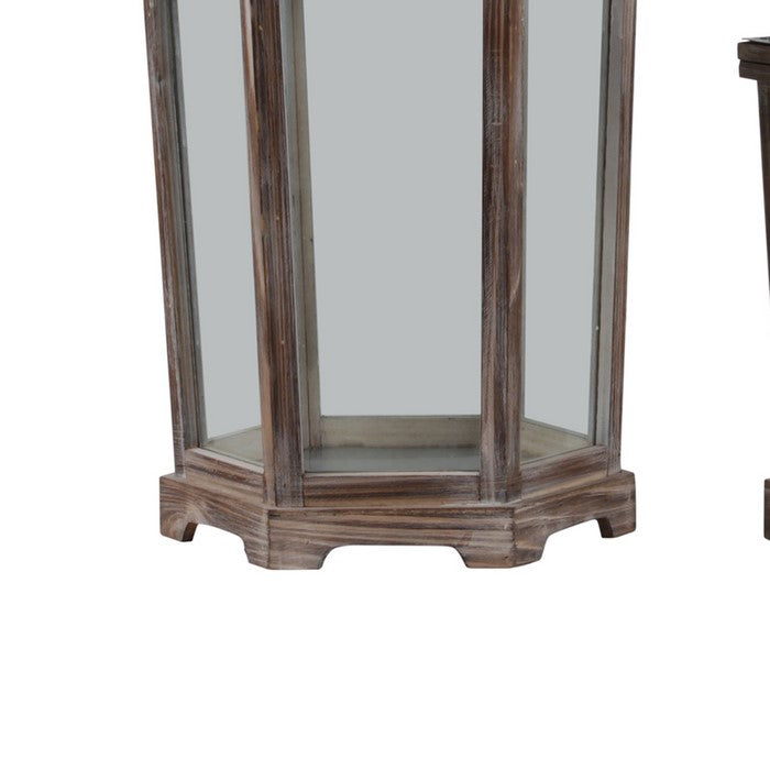 Wood and Metal Lanterns with Ring Handle, Brown and Black, Set of 2