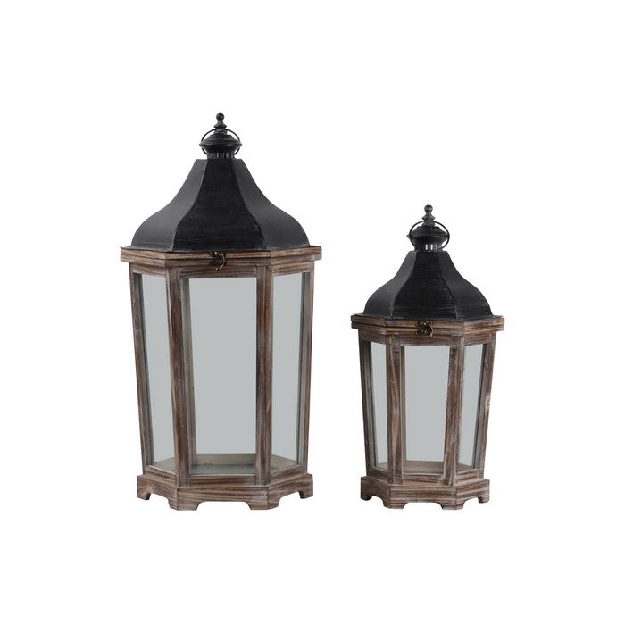 Wood and Metal Lanterns with Ring Handle, Brown and Black, Set of 2