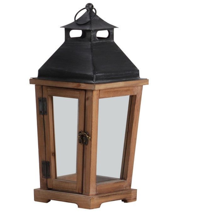 Wood and Metal Lanterns with Temple Top, Brown and Black, Set of 2