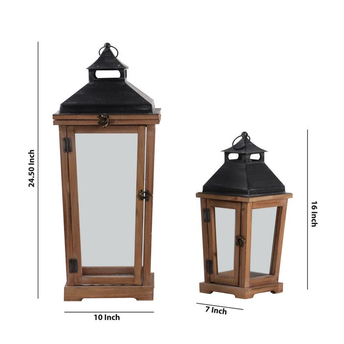 Wood and Metal Lanterns with Temple Top, Brown and Black, Set of 2
