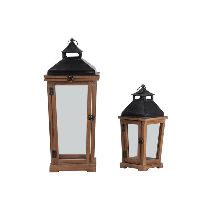 Wood and Metal Lanterns with Temple Top, Brown and Black, Set of 2