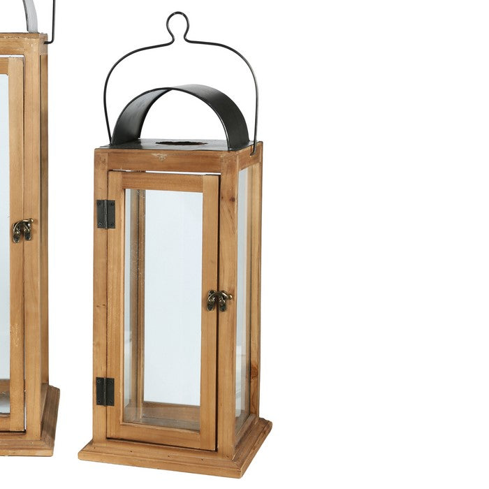 Wood and Glass Lanterns with Latched Door, Brown and Black, Set of 2
