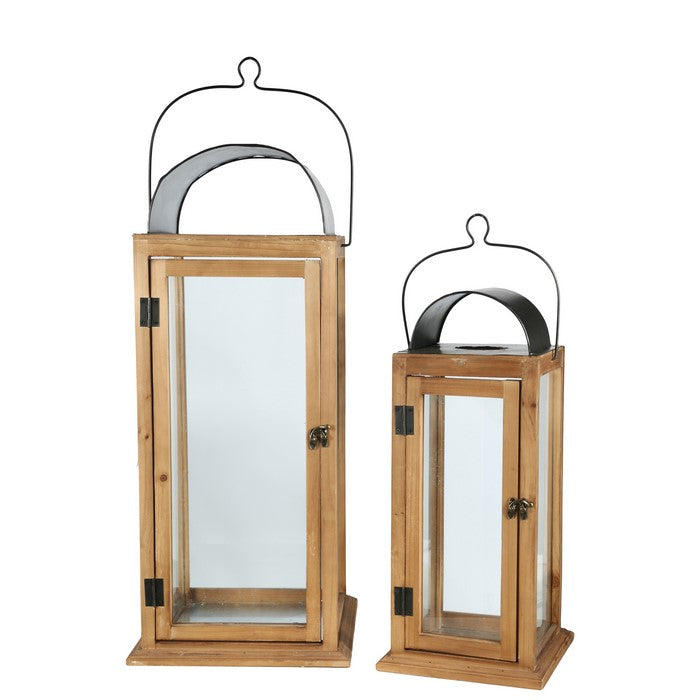 Wood and Glass Lanterns with Latched Door, Brown and Black, Set of 2