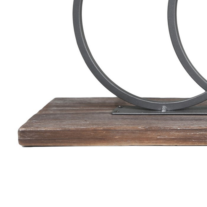 Wood and Metal Candle Holder with Interlocking 5 Rings, Gray and Brown