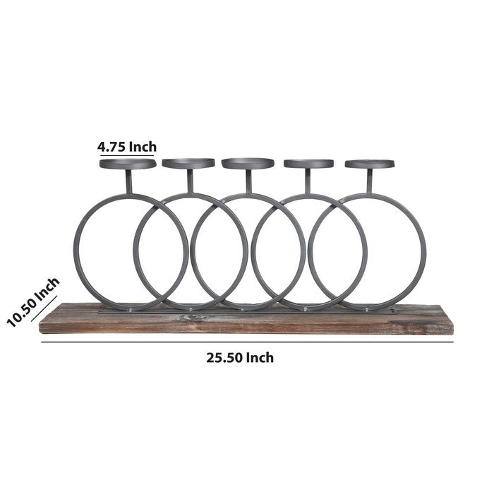 Wood and Metal Candle Holder with Interlocking 5 Rings, Gray and Brown
