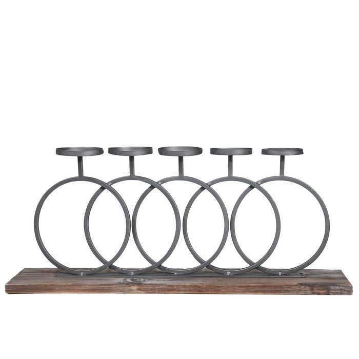 Wood and Metal Candle Holder with Interlocking 5 Rings, Gray and Brown