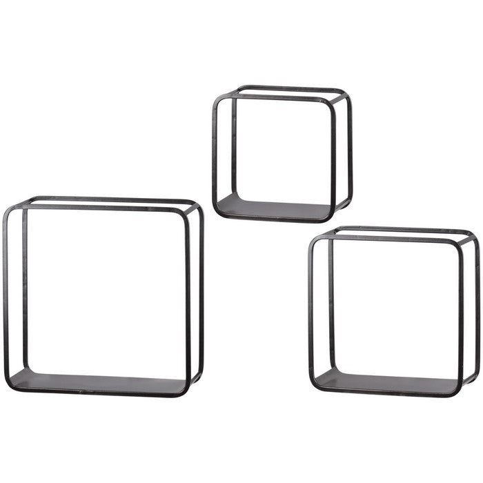 Tubular Metal Frame Wall Shelves with Rounded Corners, Black, Set of 3