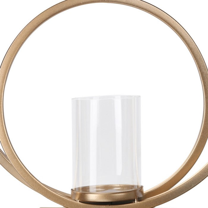 Metal Candle Holder with Abstract Ring Sculpture and Glass Hurricane, Gold