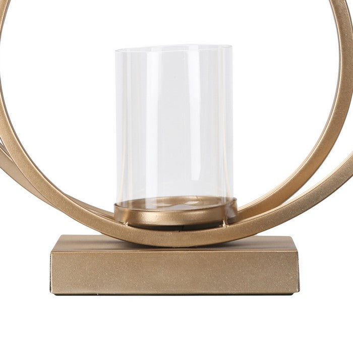 Metal Candle Holder with Abstract Ring Sculpture and Glass Hurricane, Gold