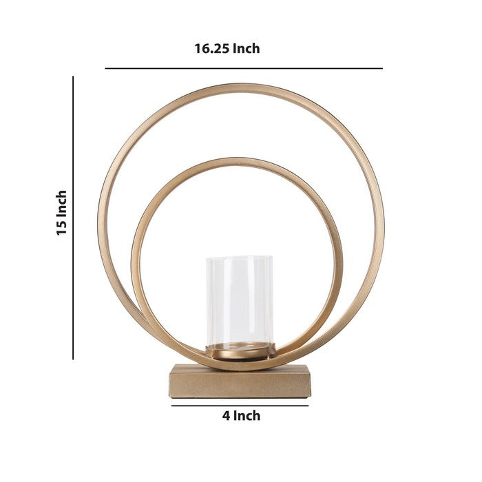 Metal Candle Holder with Abstract Ring Sculpture and Glass Hurricane, Gold