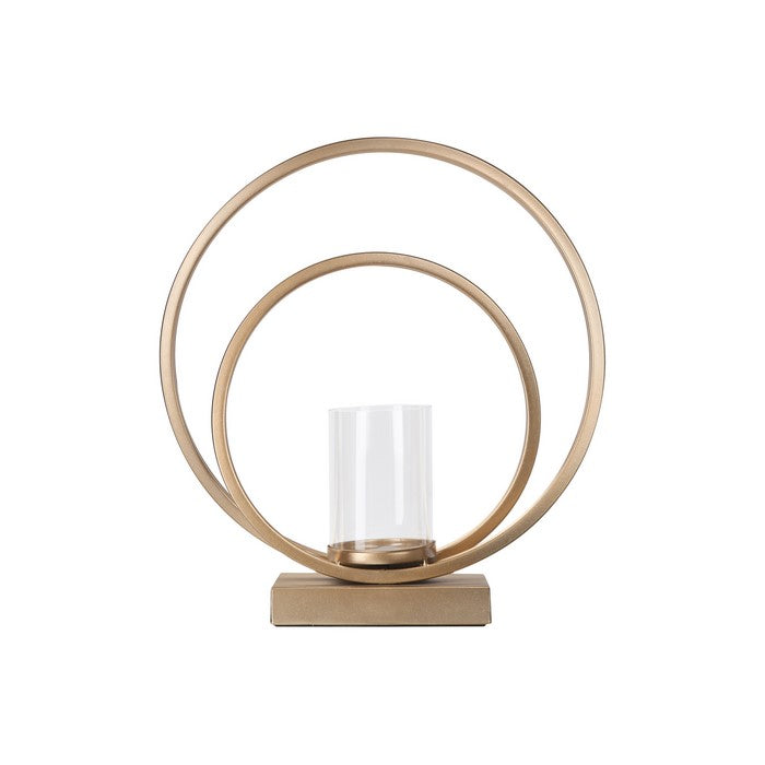 Metal Candle Holder with Abstract Ring Sculpture and Glass Hurricane, Gold