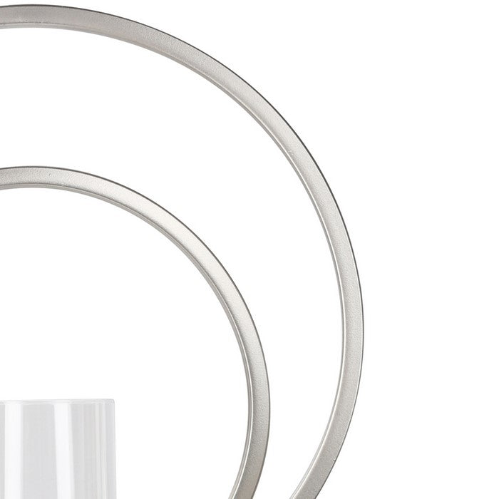 Metal Candle Holder with Abstract Ring Sculpture and Glass Hurricane,Silver