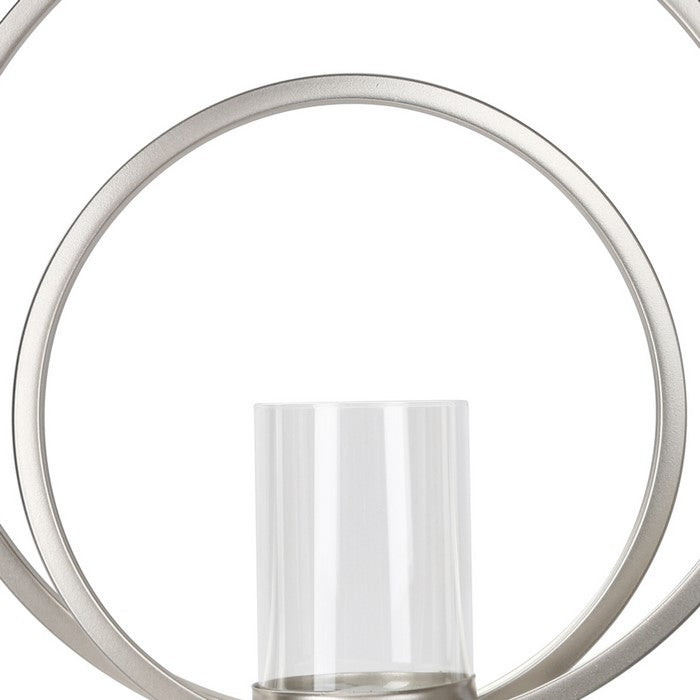 Metal Candle Holder with Abstract Ring Sculpture and Glass Hurricane,Silver