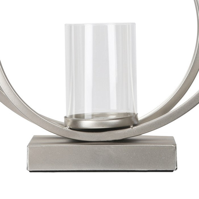 Metal Candle Holder with Abstract Ring Sculpture and Glass Hurricane,Silver