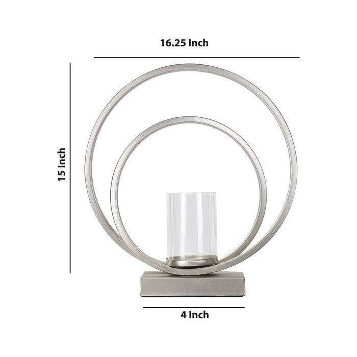 Metal Candle Holder with Abstract Ring Sculpture and Glass Hurricane,Silver