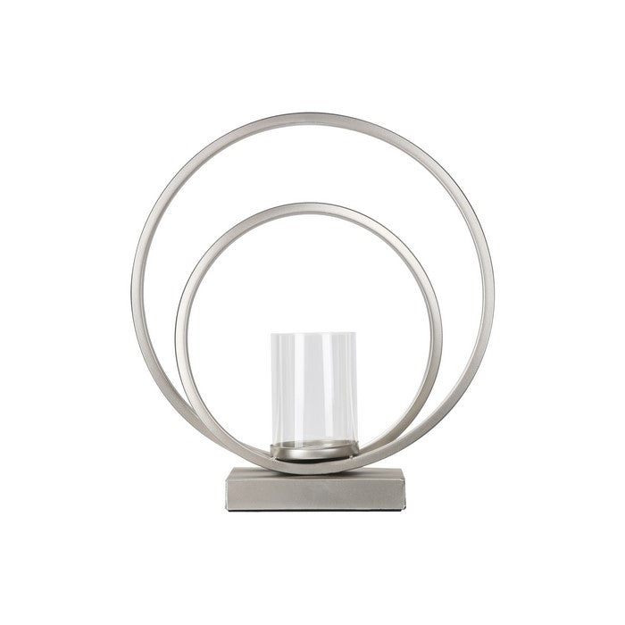 Metal Candle Holder with Abstract Ring Sculpture and Glass Hurricane,Silver