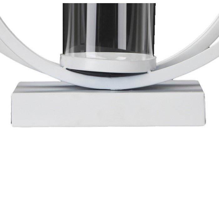 Metal Candle Holder with Abstract Ring Sculpture and Glass Hurricane, White