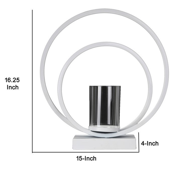 Metal Candle Holder with Abstract Ring Sculpture and Glass Hurricane, White