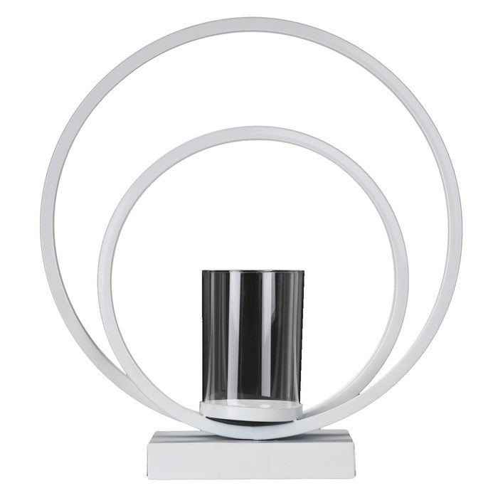 Metal Candle Holder with Abstract Ring Sculpture and Glass Hurricane, White