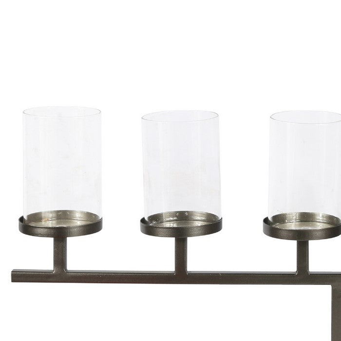 Metal, Clustered Candle Holder with 6 Glass Hurricanes, Black and Gold