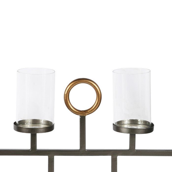 Metal, Clustered Candle Holder with 6 Glass Hurricanes, Black and Gold