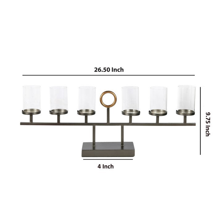 Metal, Clustered Candle Holder with 6 Glass Hurricanes, Black and Gold