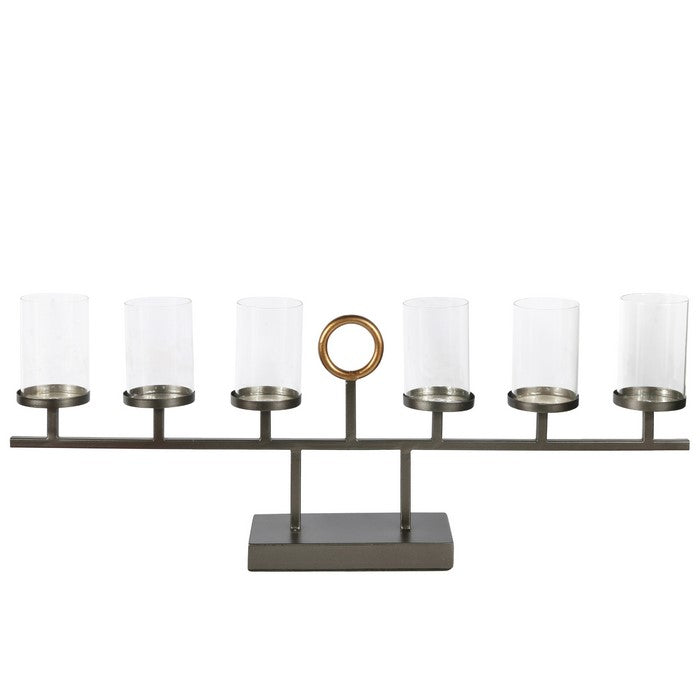 Metal, Clustered Candle Holder with 6 Glass Hurricanes, Black and Gold
