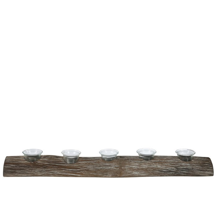 Wooden Branch Candle Holder with 5 Glass Hurricanes, Brown
