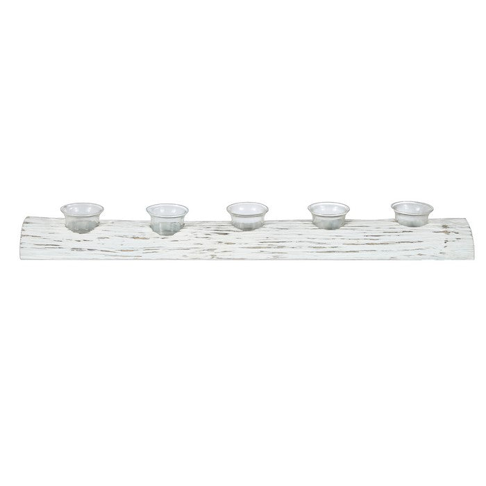 Wooden Branch Candle Holder with 5 Glass Hurricanes, White
