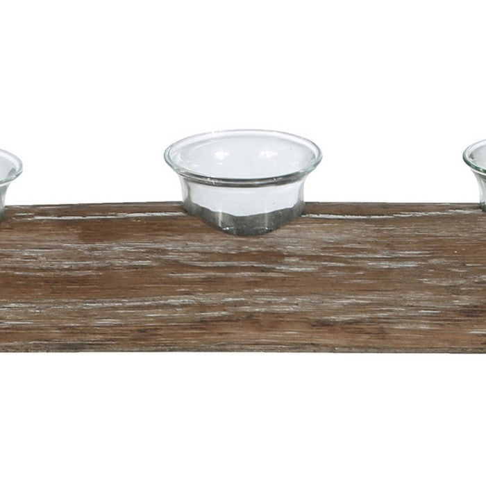 Wooden Branch Candle Holder with 3 Glass Hurricanes, Brown