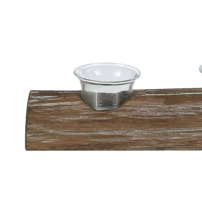 Wooden Branch Candle Holder with 3 Glass Hurricanes, Brown