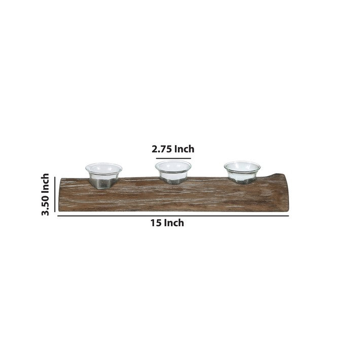 Wooden Branch Candle Holder with 3 Glass Hurricanes, Brown